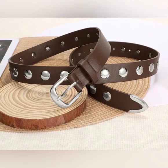 Women’s Brown Leather Belt with Silver Accents - Picture 3 of 6